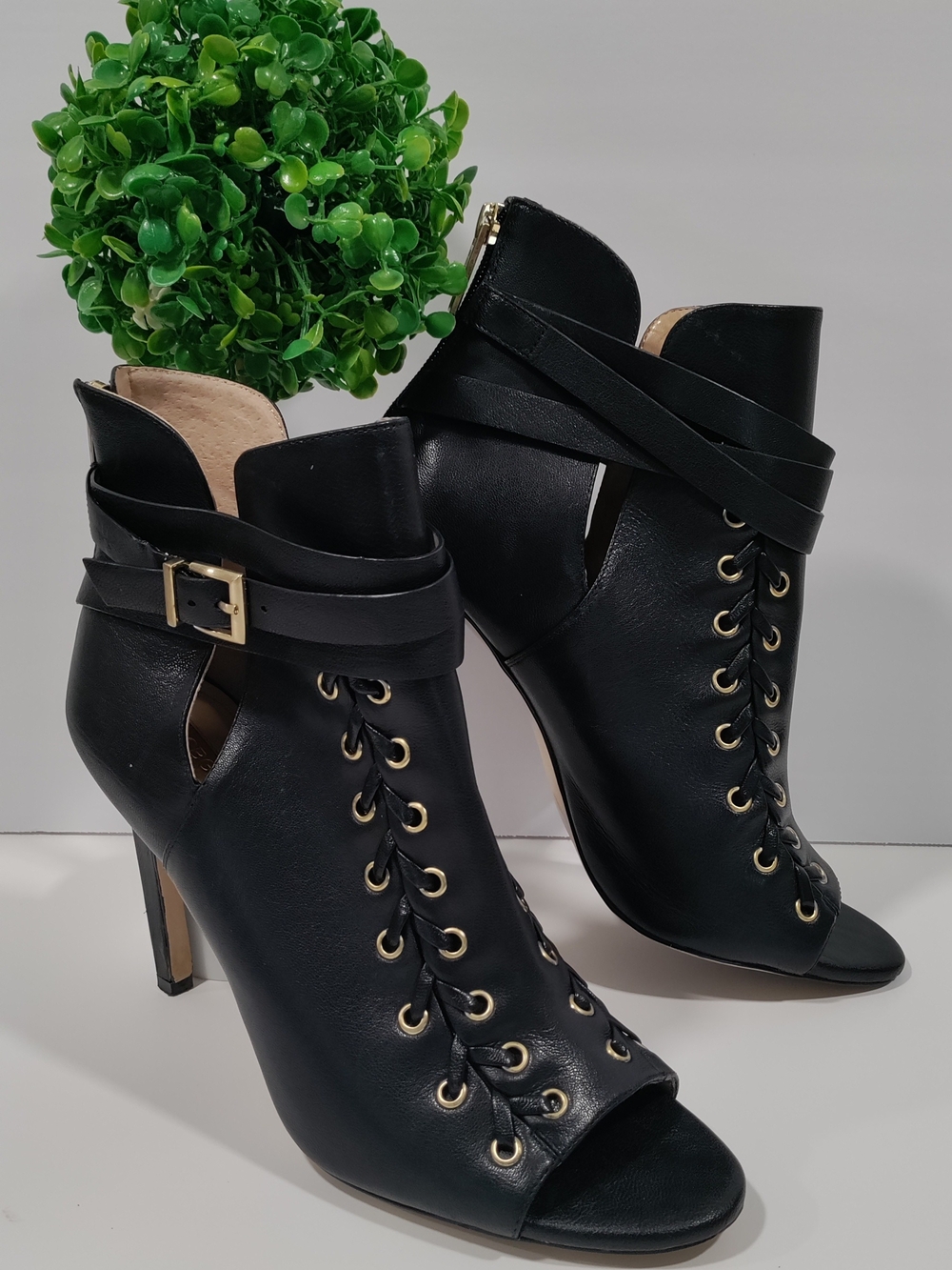 BCBGeneration Ceville Black Leather Peep-Toe Booties-Size 10